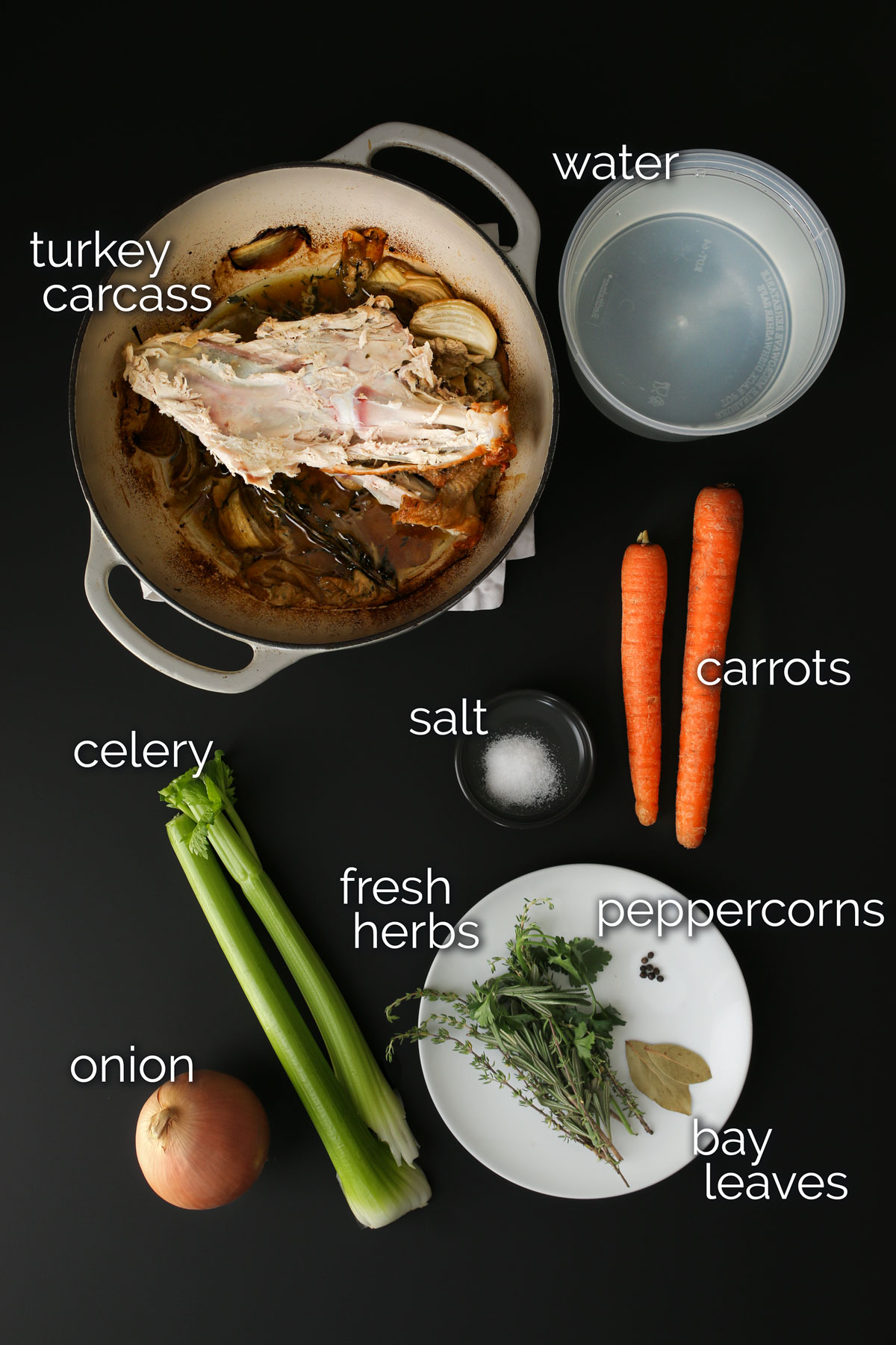 ingredients for turkey stock laid out on a black table top.
