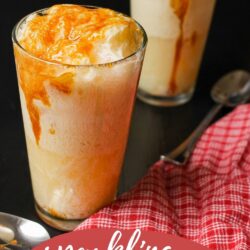side view of two apple cider floats with text overlay.