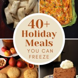 collage of holiday meals you can freeze with text overlay.