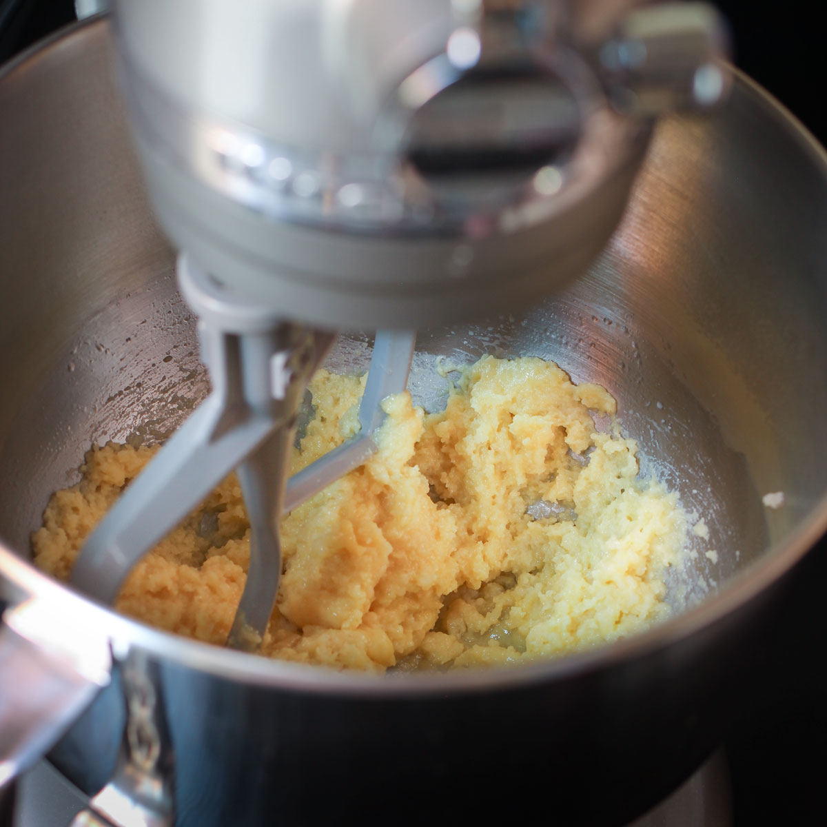 paddle attachment in the mixer bowl with the batter.