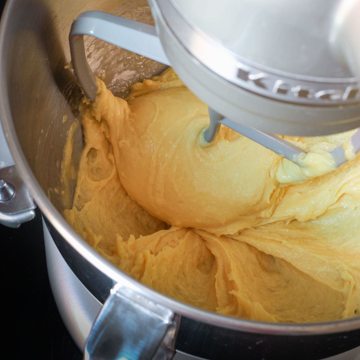 after all the eggs have been beaten in, the batter looks smooth and creamy.