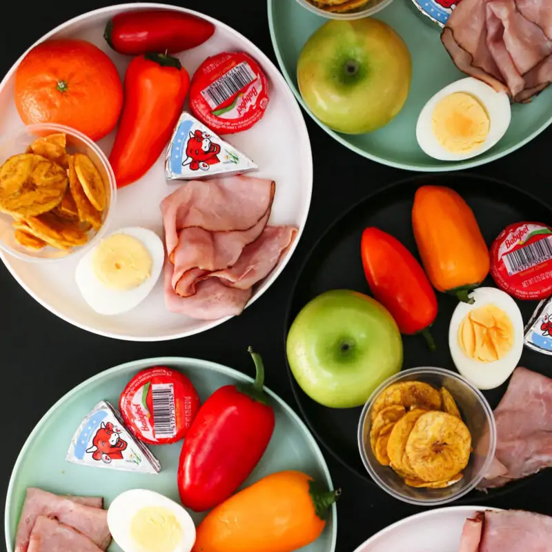 close up of multi-colored mini charcuterie boards.