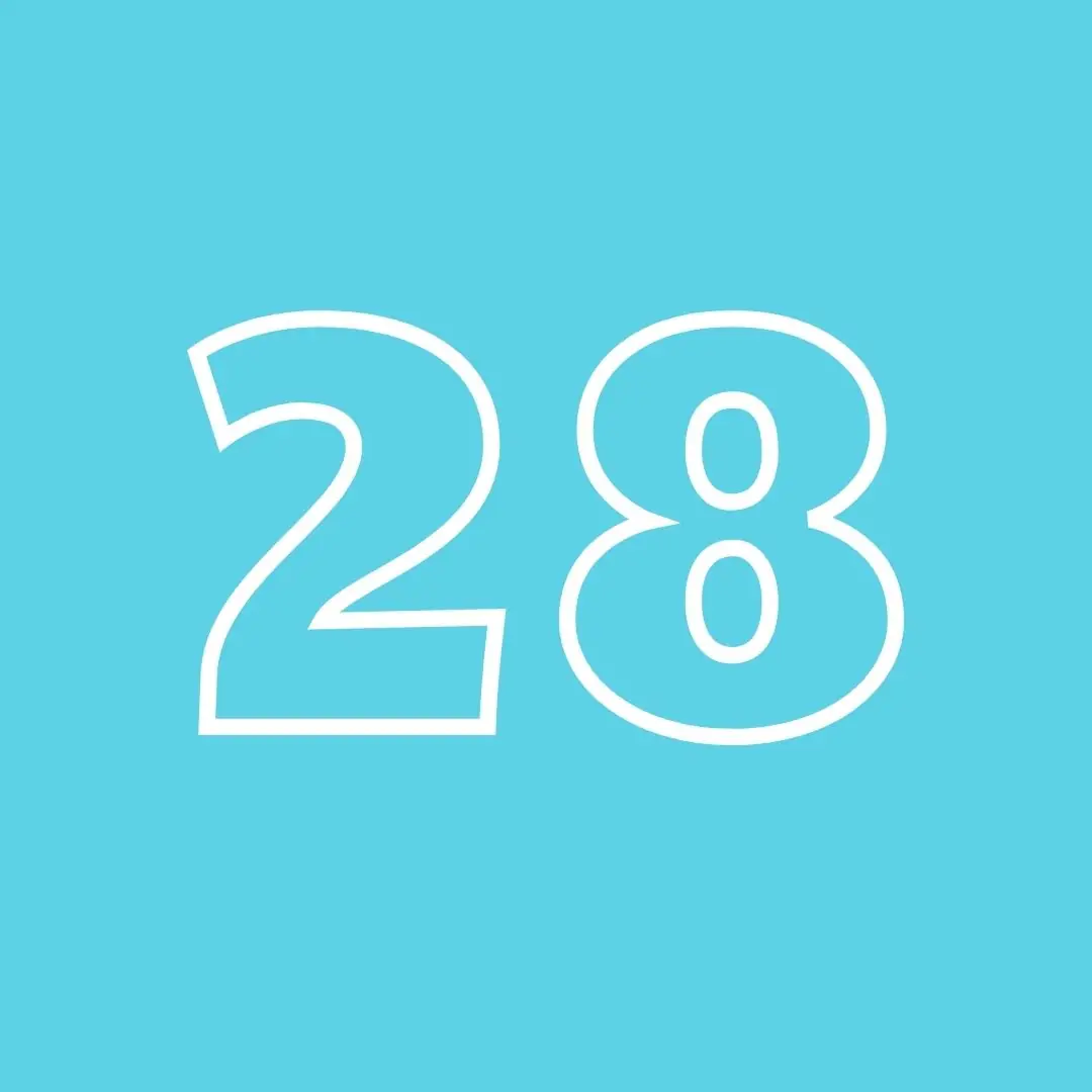 teal square with white outline of number 28 in the center.