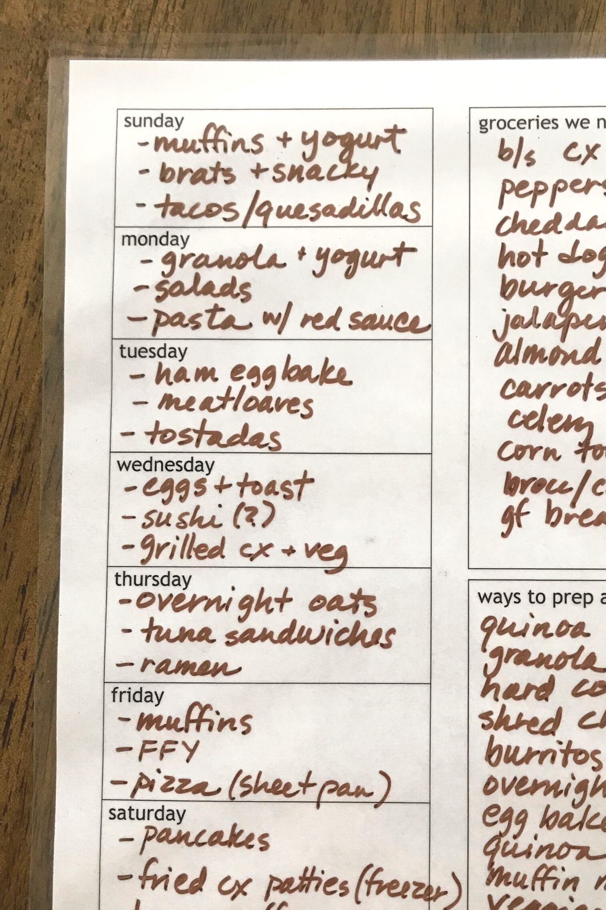 meal plan on laminated worksheet with brown markings.