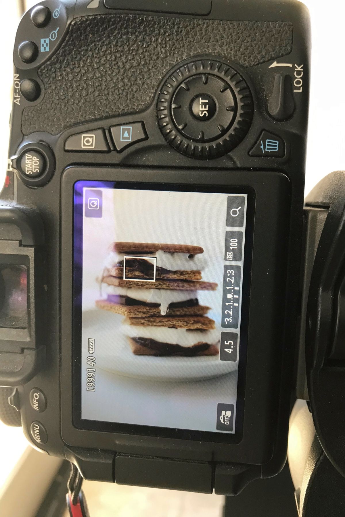 stack of smores as seen through the lens of a camera.