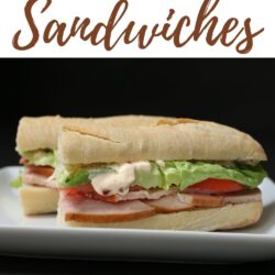 baguette sandwich on plate with text overlay.