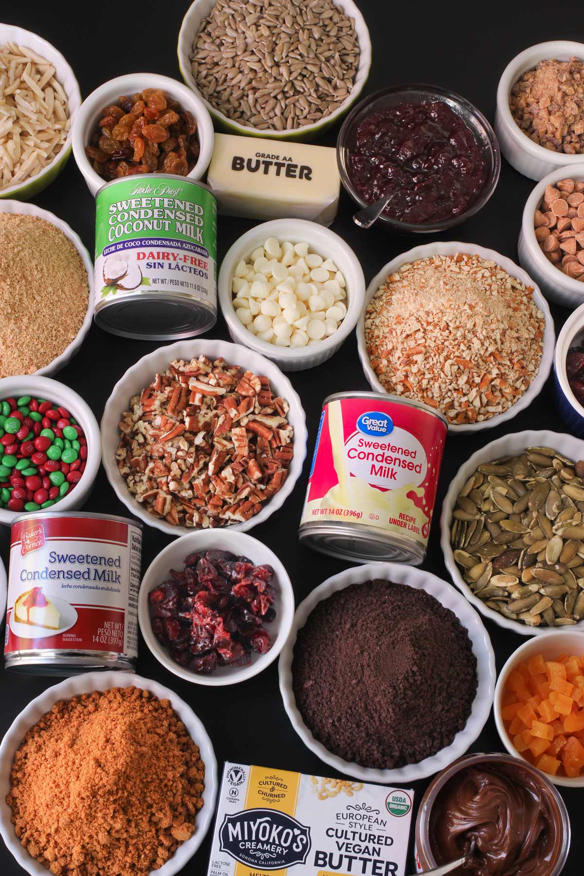 an array of ingredients to use in 7 layer bars.