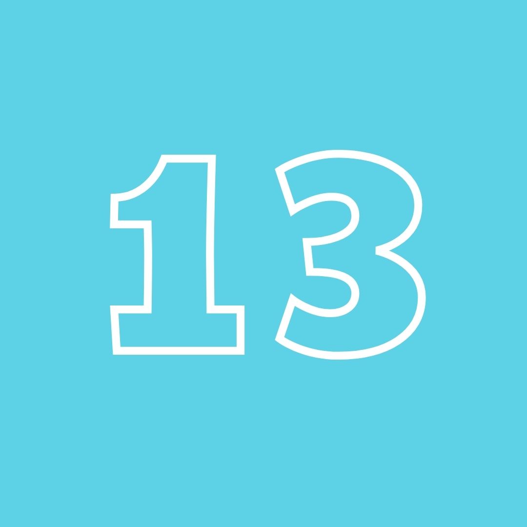 teal square with the outline of the number 13 in the center.
