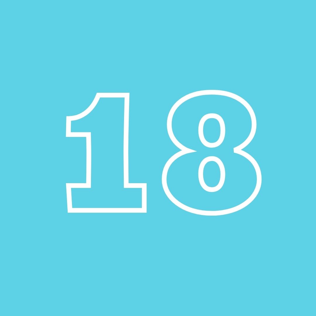 teal square with the outline of a white number 18 in the center.