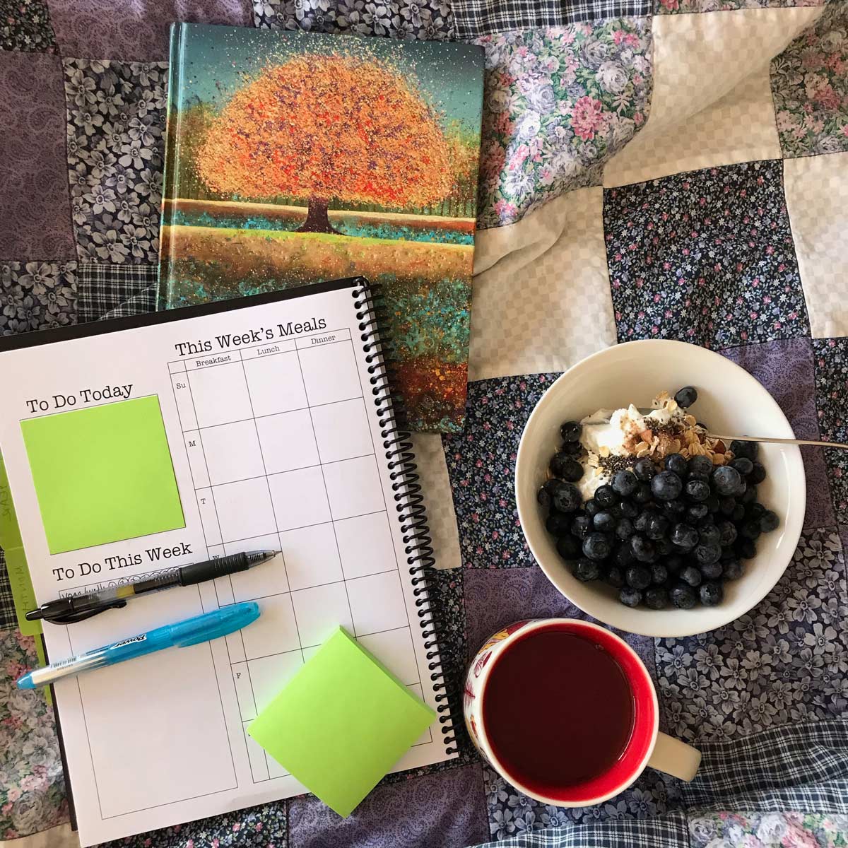 planner and calendar with bowl of yogurt and berries on bed.