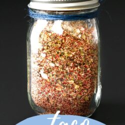 jar of taco seasoning mix with text overlay.
