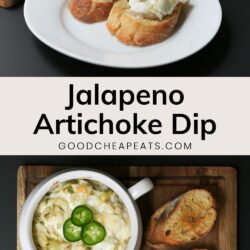 collage of two images of jalapeño artichoke dip, with text overlay.