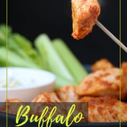 buffalo chicken bite on a toothpick by platter with text overlay.