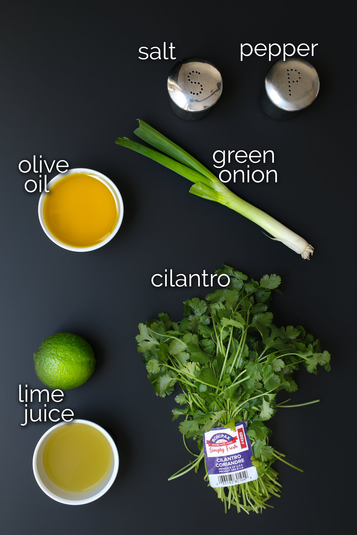 ingredients for cilantro lime vinaigrette laid out on black table.