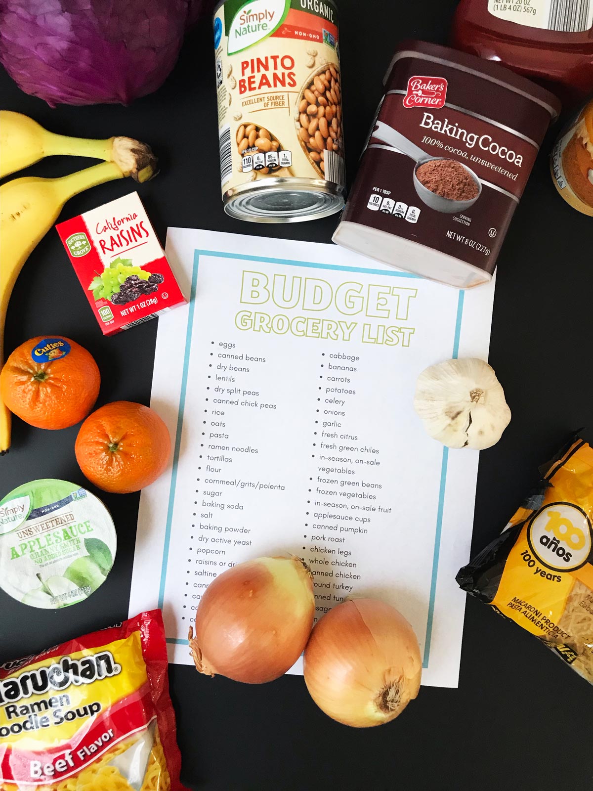 flatlay of food with budget grocery list printed out.