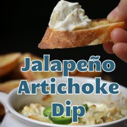 jalapeño artichoke dip on a toast, with text overlay.