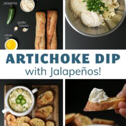 collage of ingredients, making, and serving jalapeño artichoke dip.