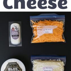 different cheeses ready for freezing on black table with text overlay.