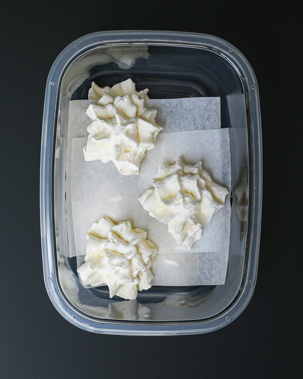 frozen dollops removed from the tray and layered in a plastic container between sheets of parchment.