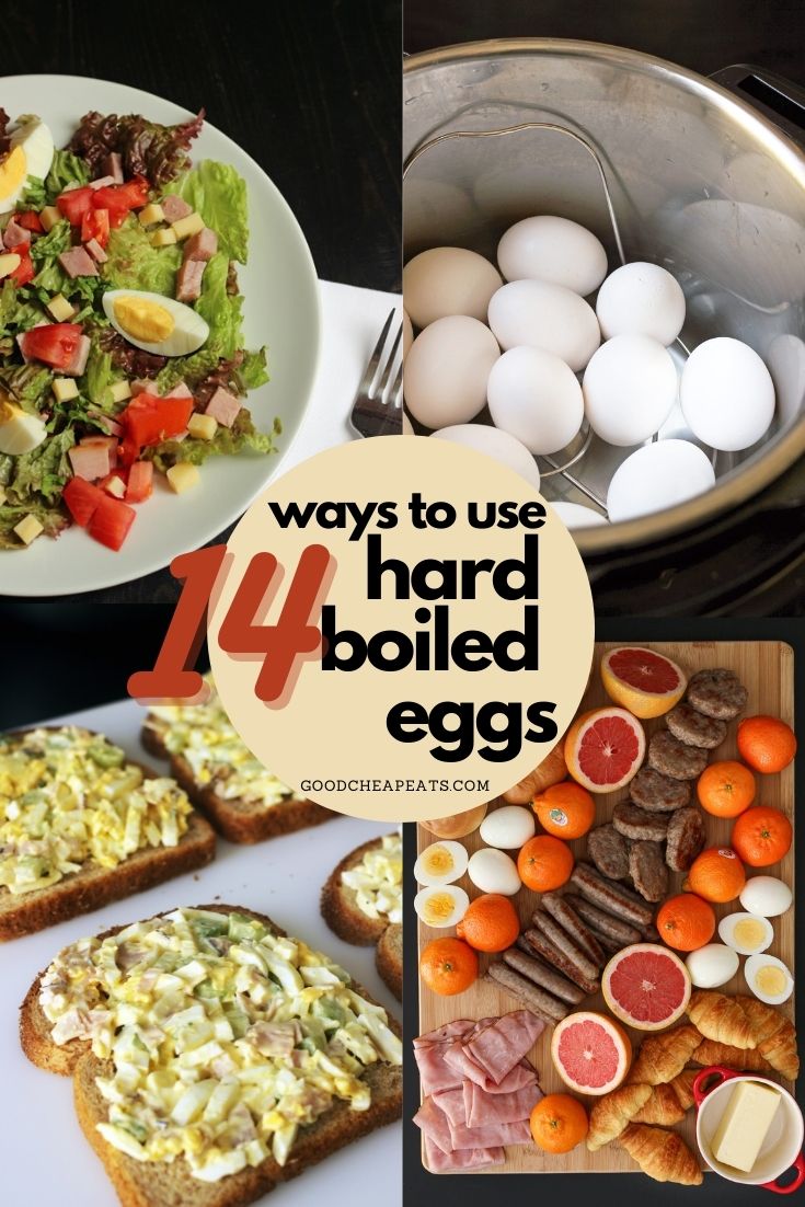 collage of hard boiled egg recipes with text overlay.