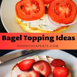 two images of bagels topped in different ways, with text overlay.