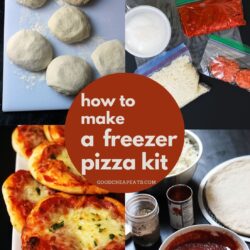 collage of pizza kit elements with text overlay.