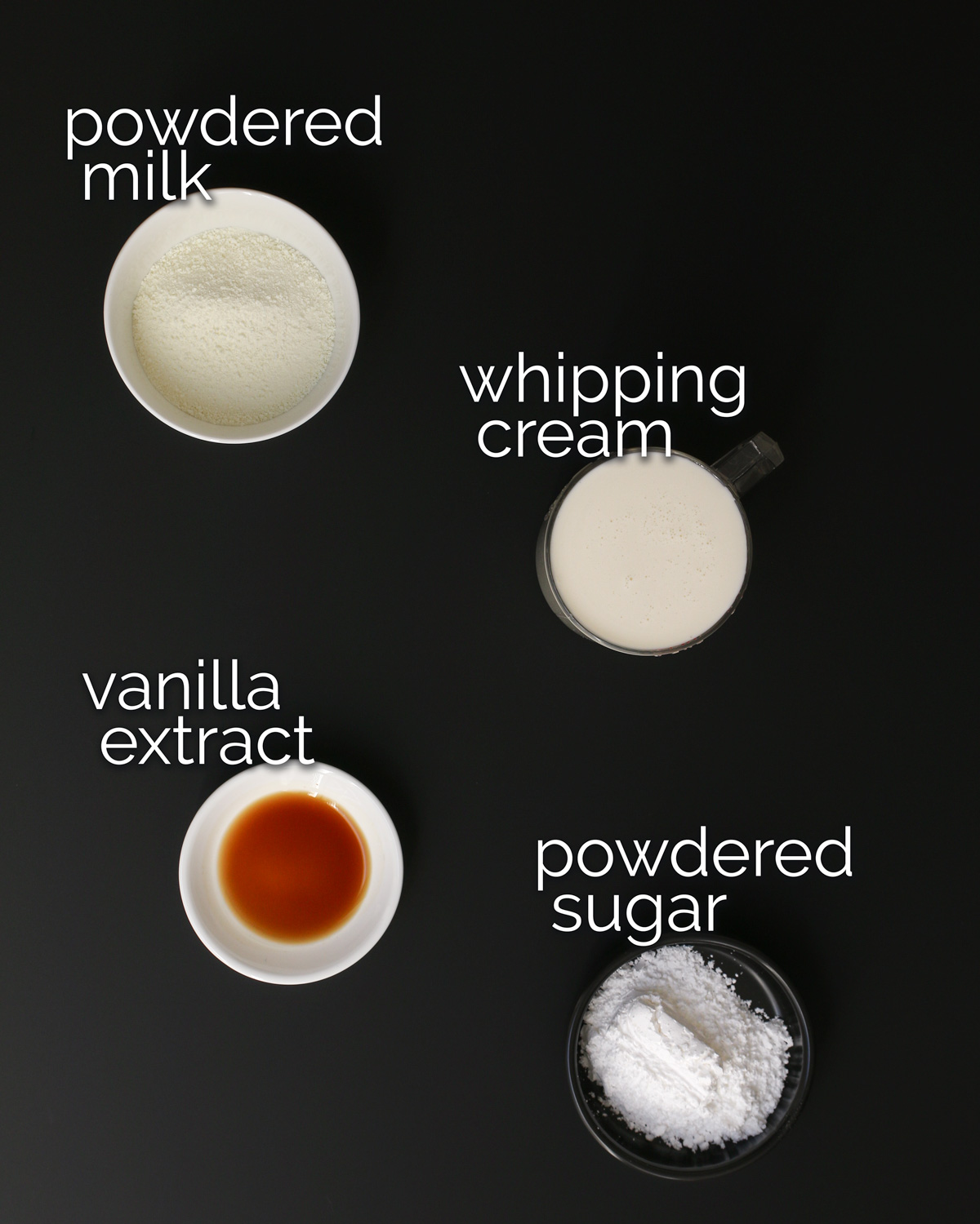 ingredients for stable whipped cream laid out on table top.