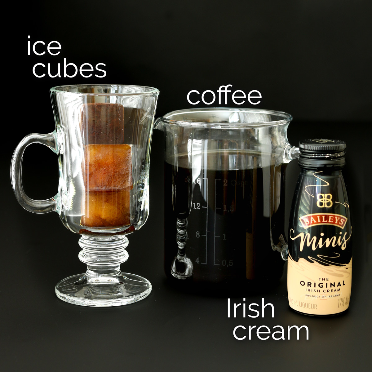 ingredients for iced Irish coffee.
