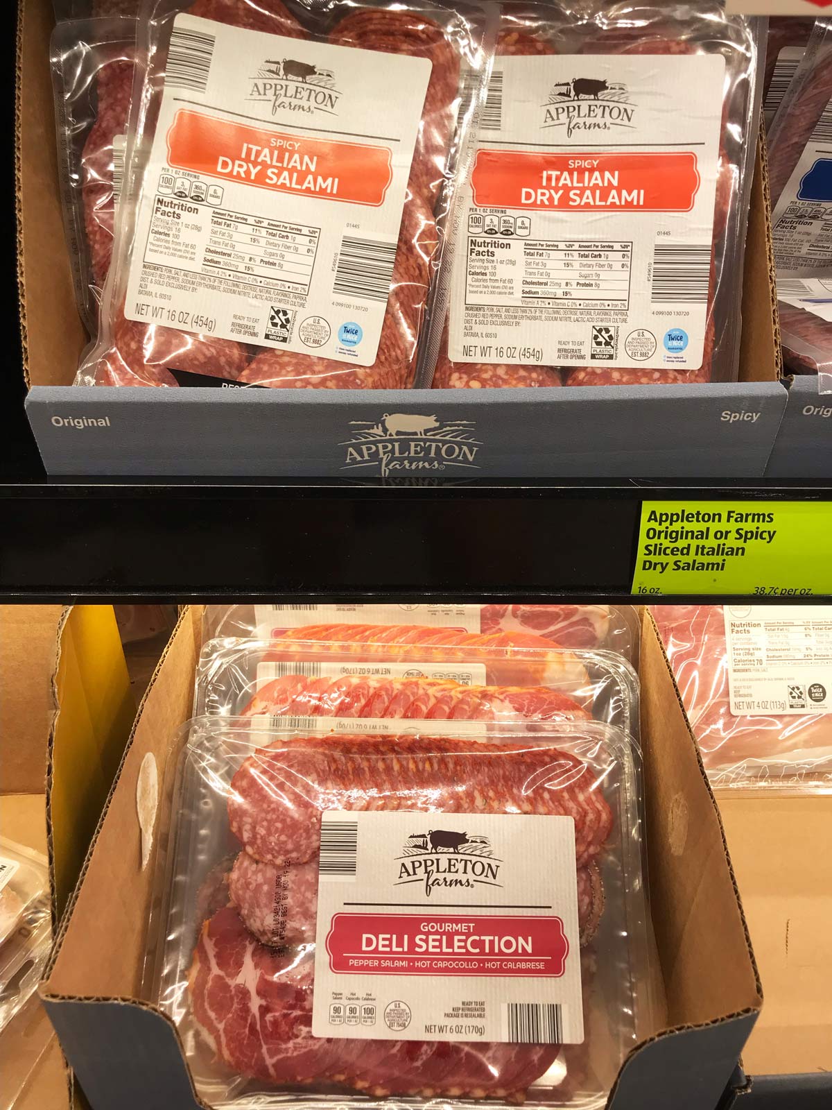 deli meats on shelves at grocery store.
