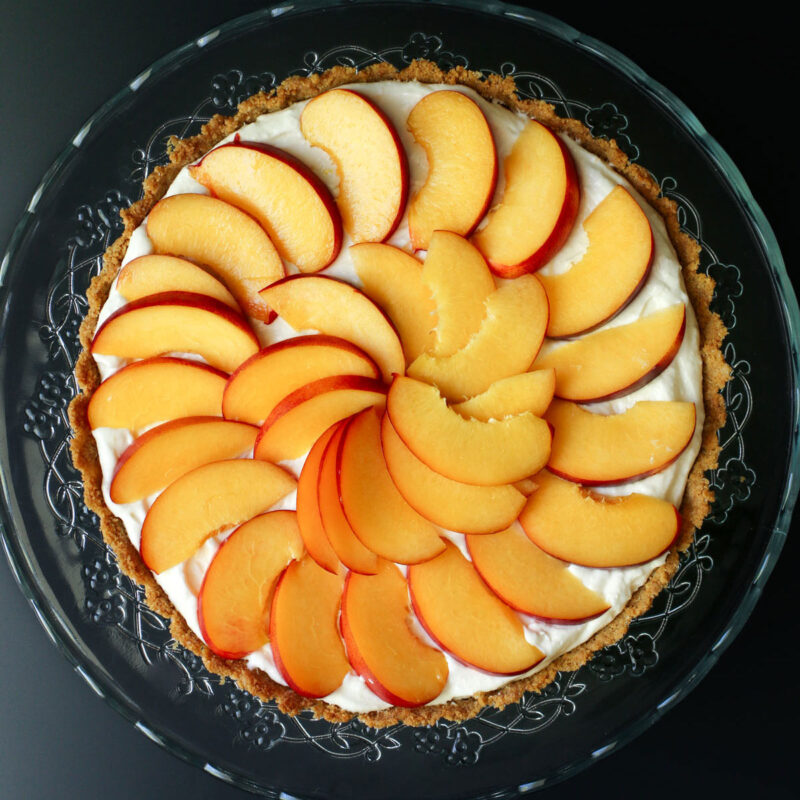 overhead closeup of nectarine pie.