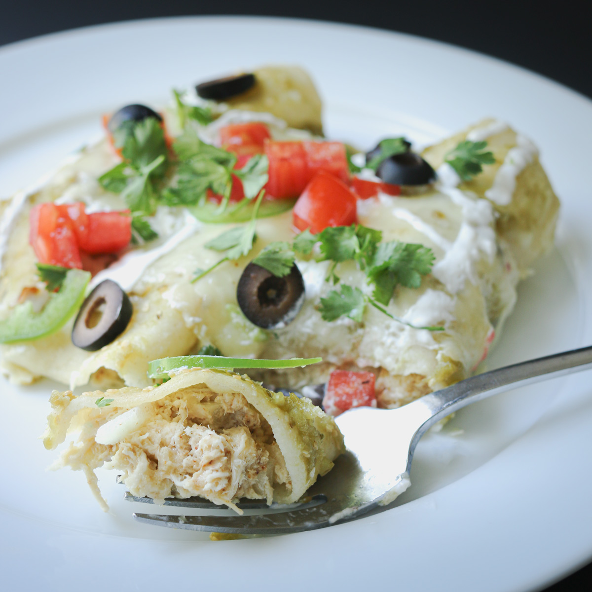 close up of bite of chicken enchilada on fork on plate of enchiladas.