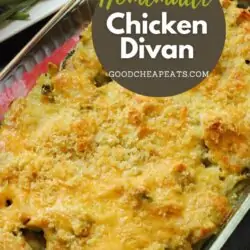 pan of chicken divan on dinner table with text overlay.