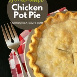 chicken pot pie on red checked cloth with text overlay.
