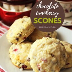 stack of scones on plate with tea in background, with text overlay.