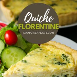 plate of quiche and salad, with text overlay.