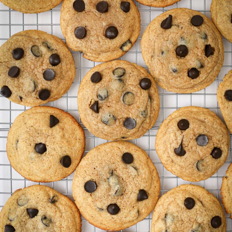 array of coffee chip cookies on cooling rack.