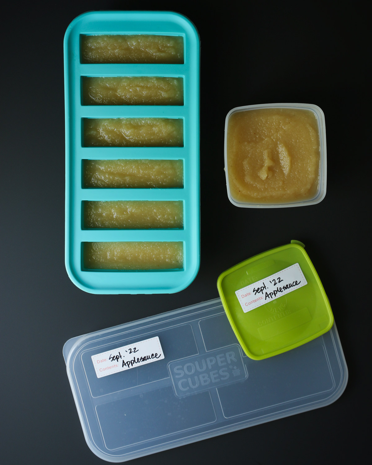 applesauce in souper cube and in plastic dish.