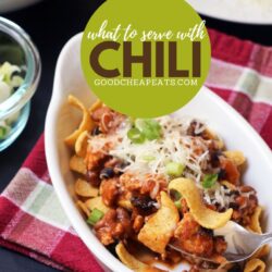 bowl of chili with fritos and toppings, with text overlay.