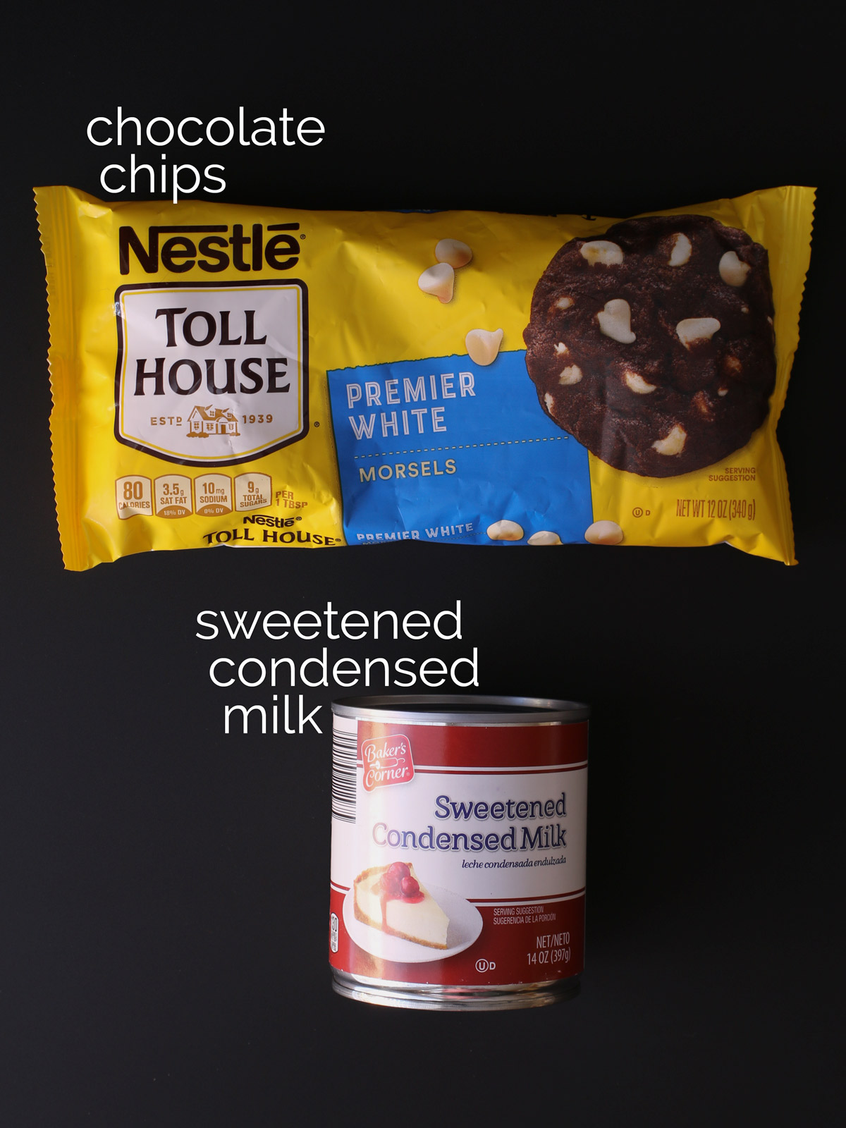 the ingredients for two ingredient fudge laid out on black counter.