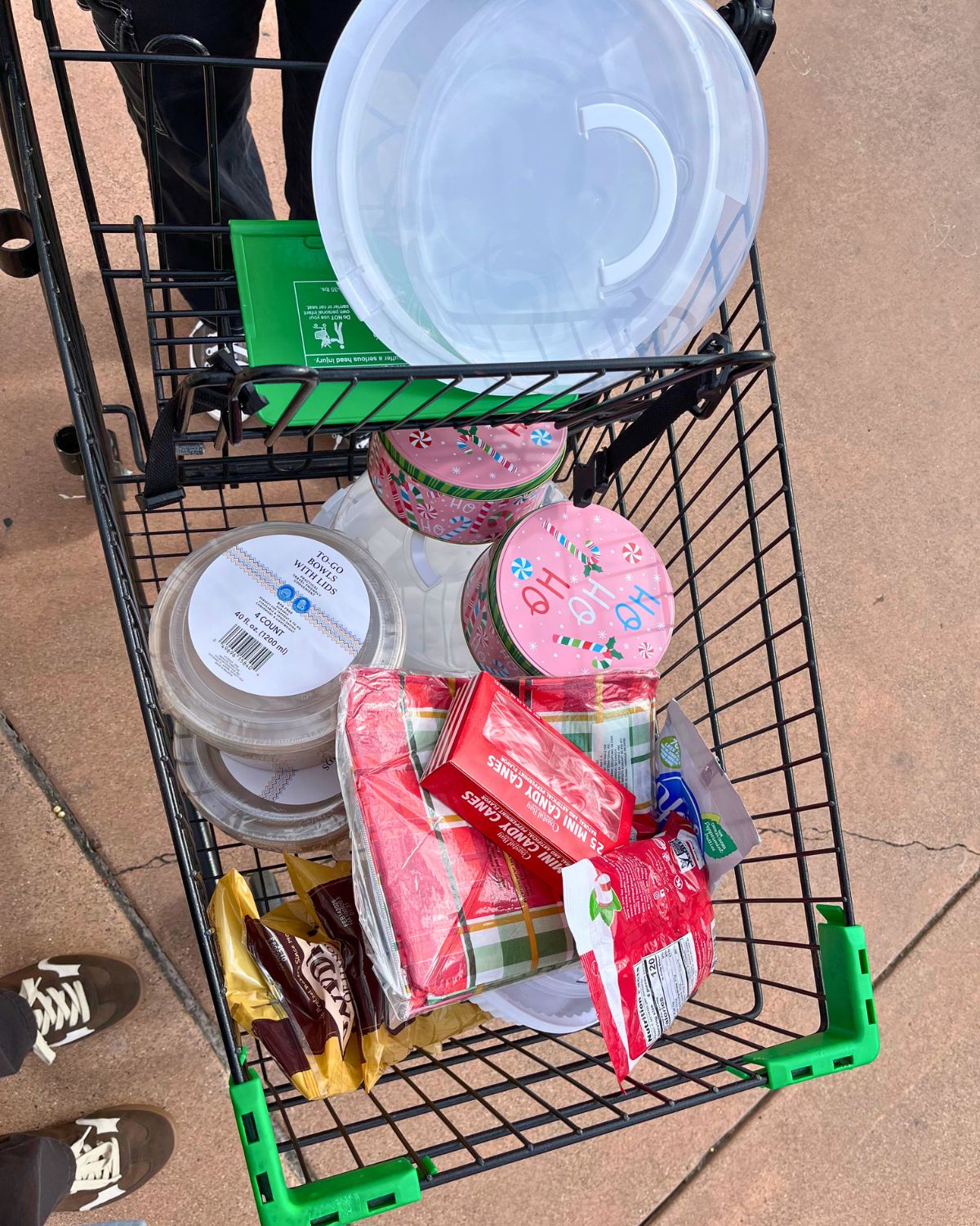dollar tree shopping cart of food packaging.