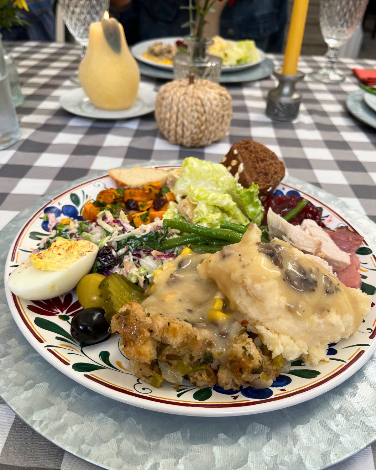 turkey dinner plate on a thanksgiving table.