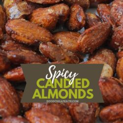 candied almonds in dish, with text overlay.