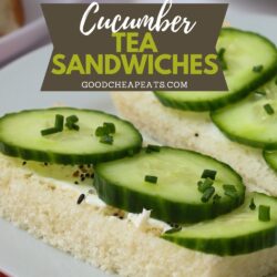 close up of cucumber sandwiches, with text overlay.