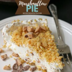 plate of marshmallow pie with fork, and text overlay.
