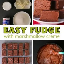 collage of ingredients, prep, and serving chocolate fudge with marshmallow cream, with text overlay.