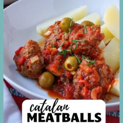 bowl of Catalan meatballs, with text overlay.