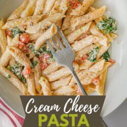 bowl of cream cheese pasta, with text overlay.