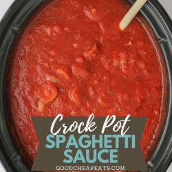 overhead shot of crock pot full of spaghetti sauce, with text overlay.