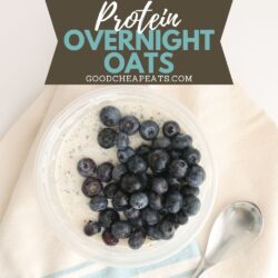 bowl of overnight oats and blueberries next to spoon, with text overlay.