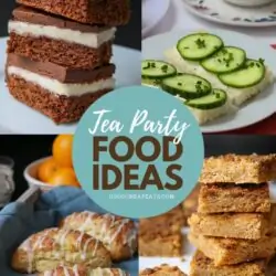 collage of tea party foods with text overlay.
